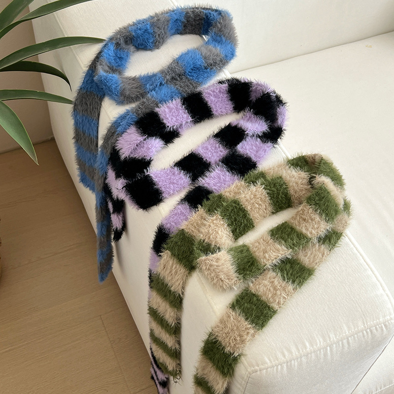 Y2K Winter Clothing - Y2k Striped Plush Narrow Long Scarf